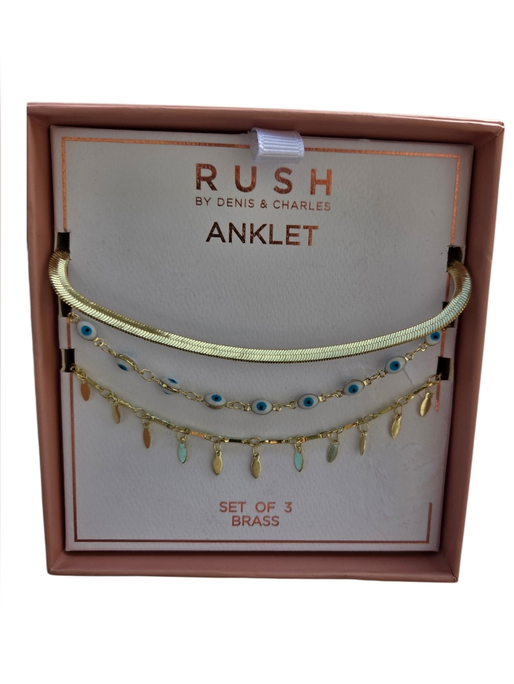 Rush by Denis & Charles - NEW Brass Anklet Set of 3 Evil Eye Boho Ankle Bracelet